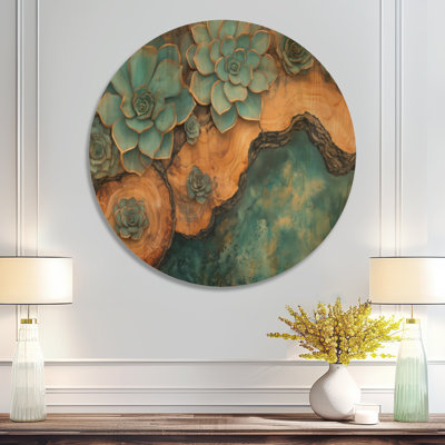 Succulentes turquoise et bois flotté II - Impression d'art mural ronde en bois à feuillage