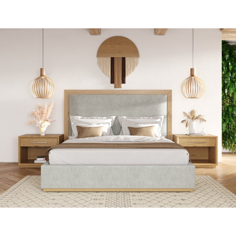 Reanna Upholstered Platform Bed, King, Natural Wood/Gray