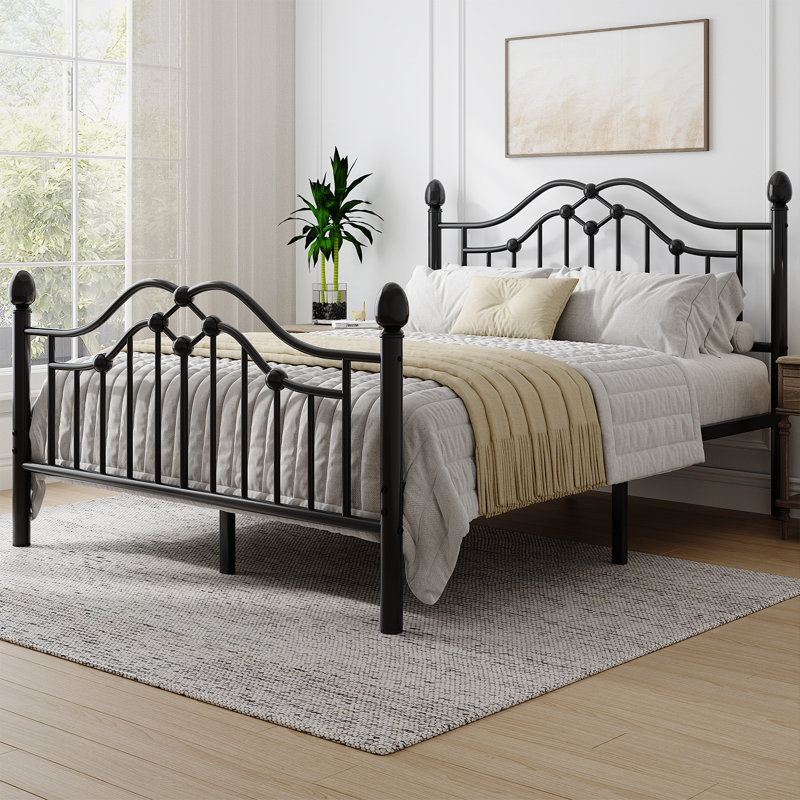 Metal Platform Bed with Victorian Style Headboard and Footboard，Sturdy Steel Slat Support, Underbed Storage, Black, Queen
