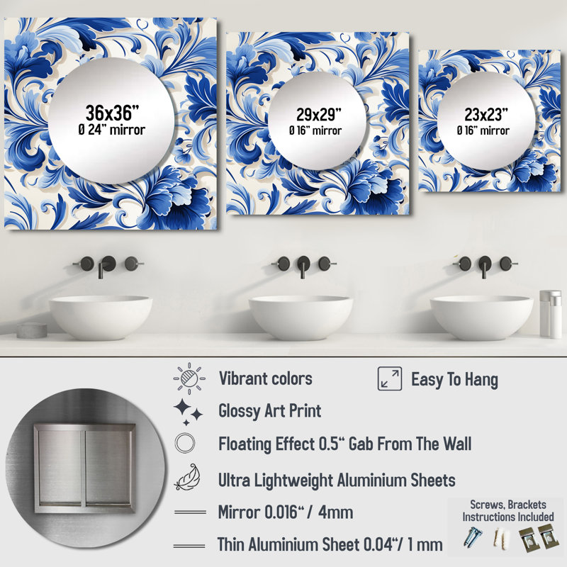 Motif victorien majestueux à volutes de cobalt - Miroir floral carré pour décoration murale, 23 po x 23 po