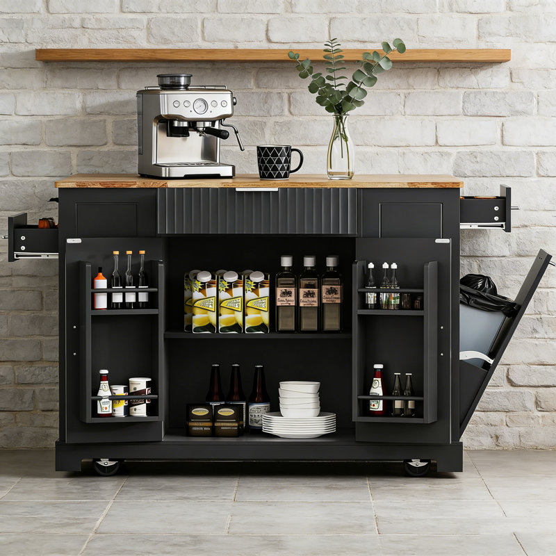 Fluted Kitchen Island with Trash Can Storage, Power Outlet, and Rolling Wheels for Modern Kitchens., Black