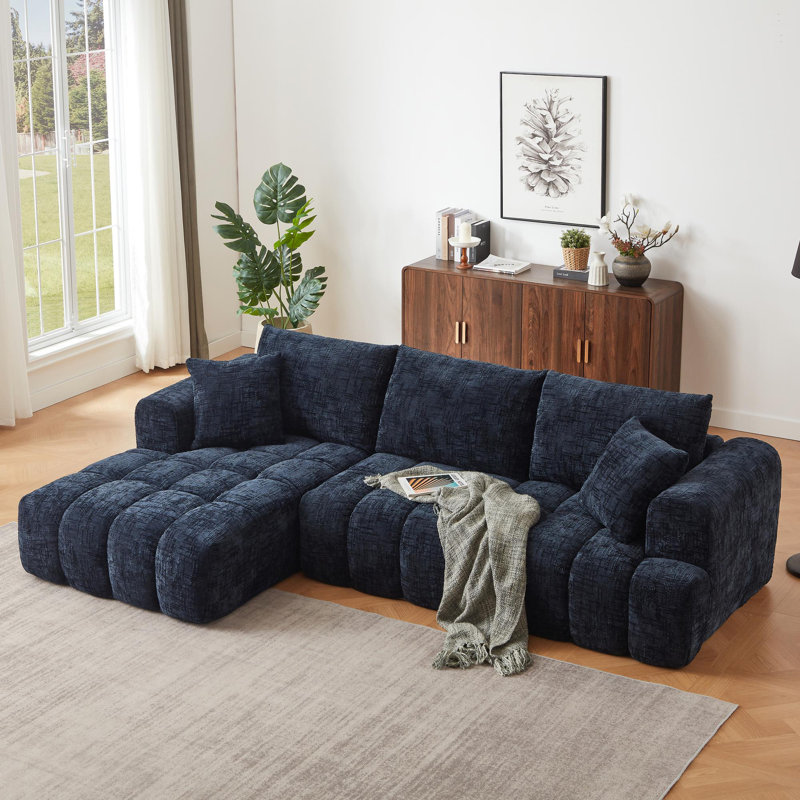 Chenille L-Shape Luxury Sectional Oversized Sofa, Dark Blue Chenille, Left Hand Facing