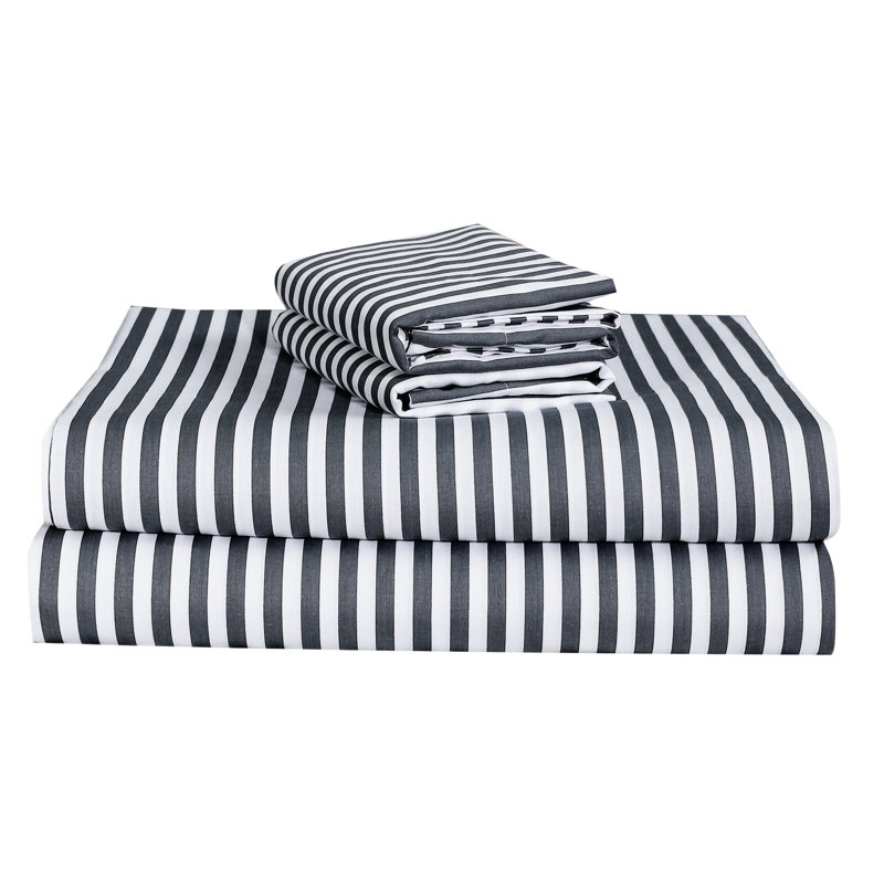 100% Cotton Twill Sheet Set, King Sheet Set + Fitted Sheet + 2 Pillowcases, Black/White Striped 