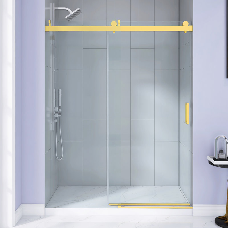 56-60 In. W X 76 In. H Single Sliding Frameless  Shower Door | Silent Soft Close | 1/4 Inch Thick  Tempered Glass With Explosion-Proof  Coating | Reversible Installation | Gold