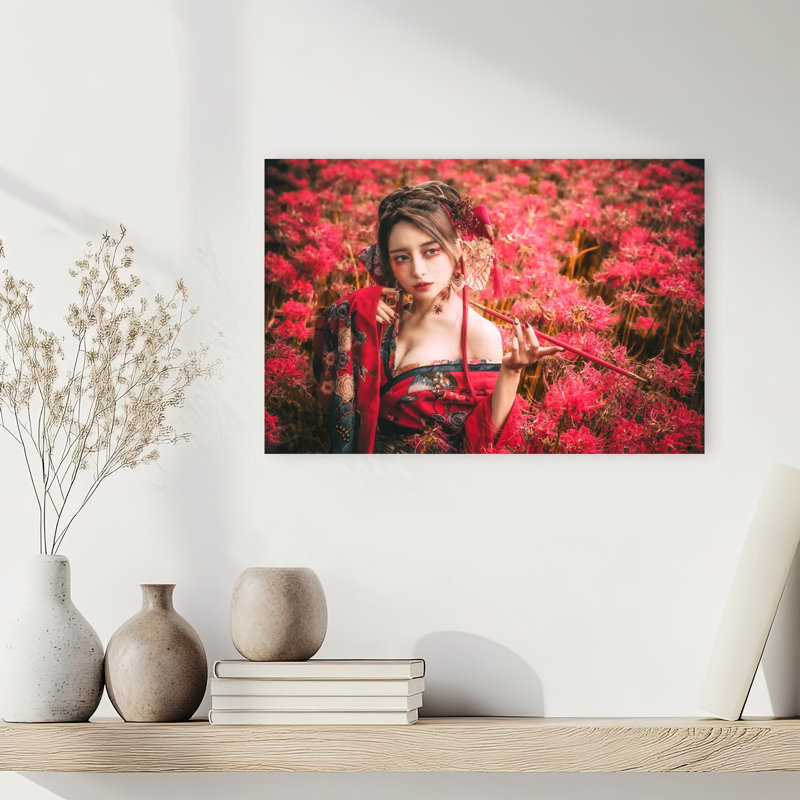 Japanese Kimono Red Lilies Contemporary Wall Art Print by KOIKI - Wrapped Canvas Print, 30.48cm H x 45.72cm W