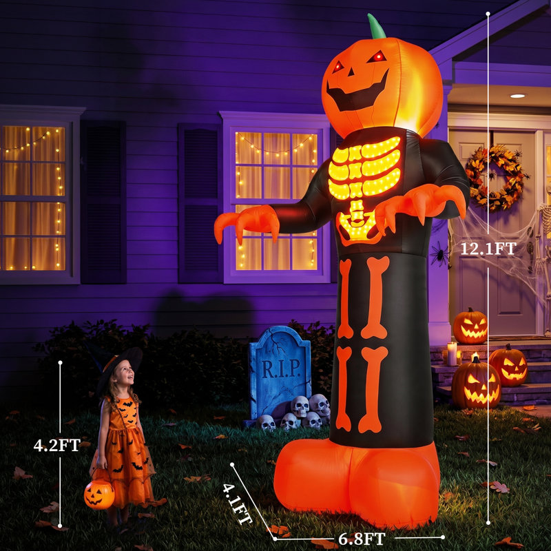 Décoration d'Halloween gonflable citrouille squelette 12 pi avec lumières DEL 12 pi