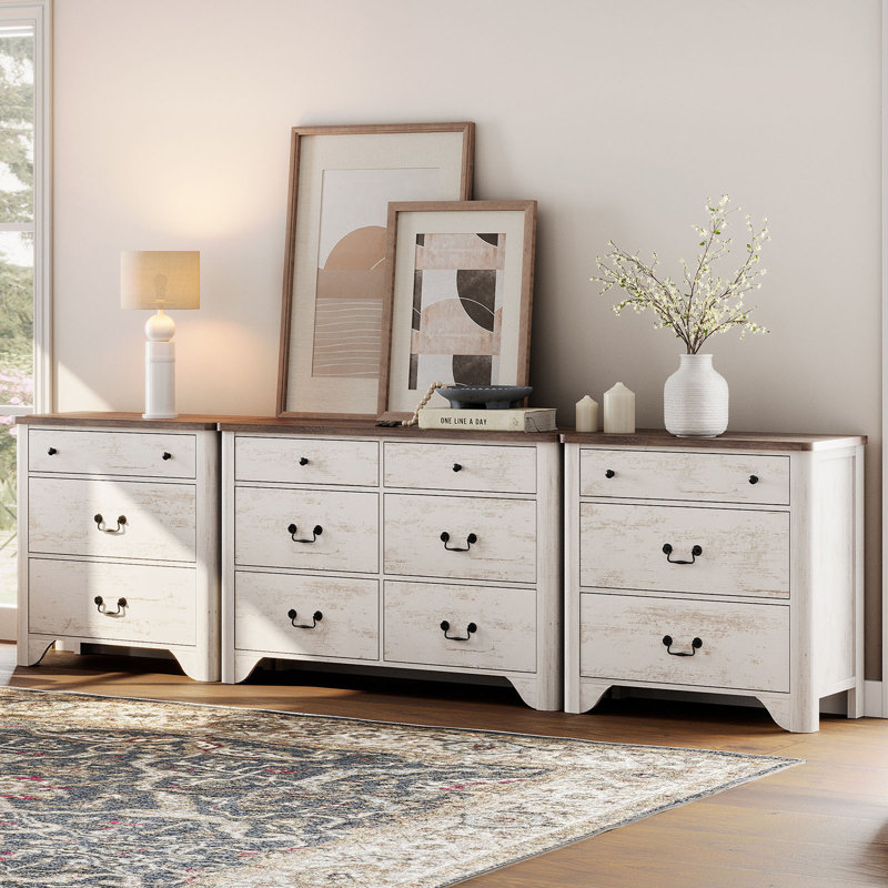 Ensemble de commode 3 pièces 110 po, commode 6 tiroirs en bois avec rangement, grande commode en chêne et table de bout à 3 tiroirs Farmhouse pour chambre à coucher, salon et garde-robe