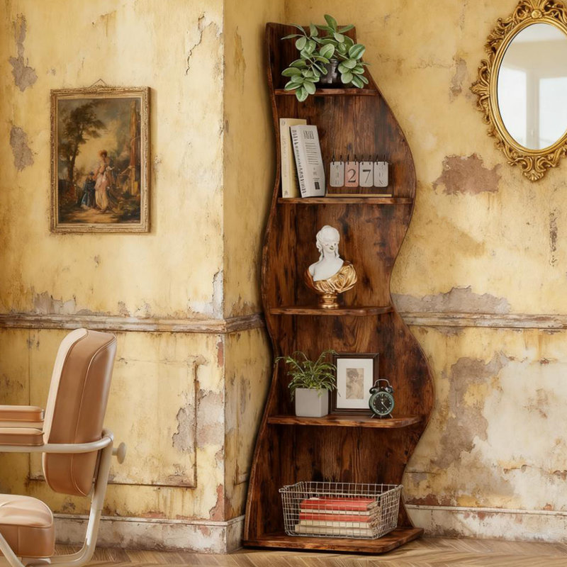 Bibliothèque d'angle à 5 niveaux avec rangement robuste pour livres et décoration, conception peu encombrante pour les pièces modernes.