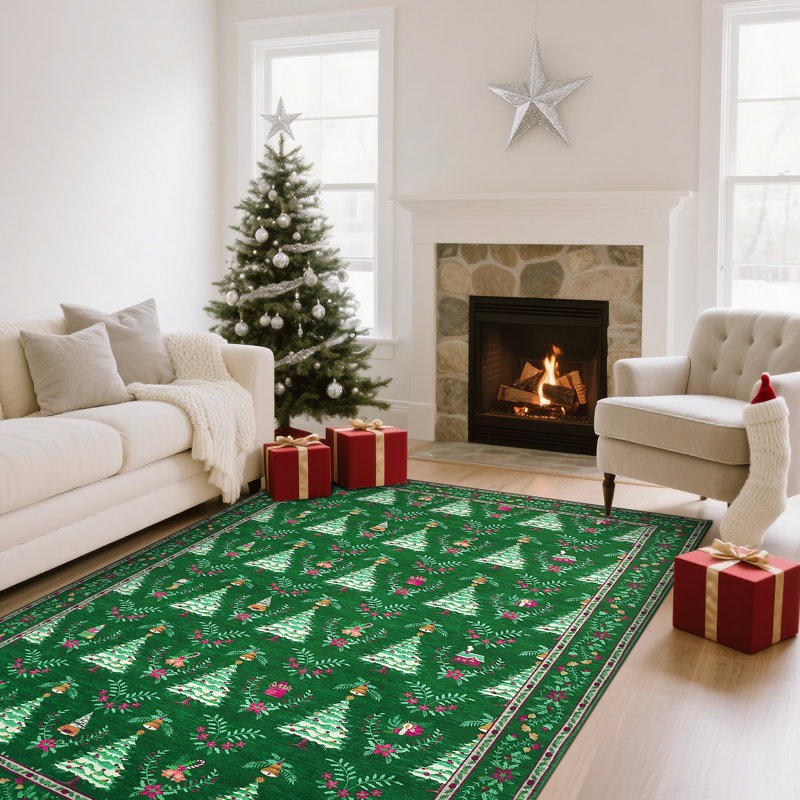 Machine Washable Christmas Rug Xmas Tree Floor Mats with Non-Slip Backing, Non Shedding Living Room Carpet, Decorative Holiday Indoor Rug for Bedroom, Nursery, Kitchen