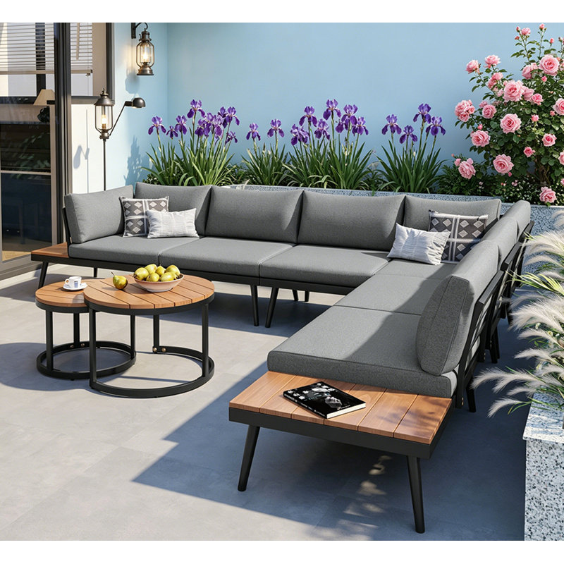  Ensemble de canapé modulaire d'extérieur 6 pièces avec tables basses gigognes rondes et canapé avec coussins pour patio, porche et jardin