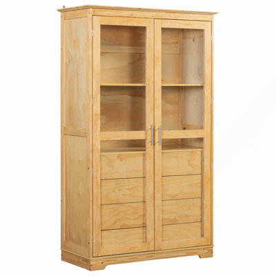44.7x20x75inch Kitchen Pantry, Freestanding Kitchen Storage Cabinet Display Cabinet with Glass Doors and 4 Built-in Drawers for Living Room, Home Office, Natural
