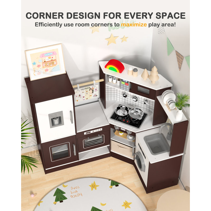 Suteck Corner Wooden Play Kitchen Set, Pretend Play Kitchen Playset For Toddlers & Multiple Children, Coffee