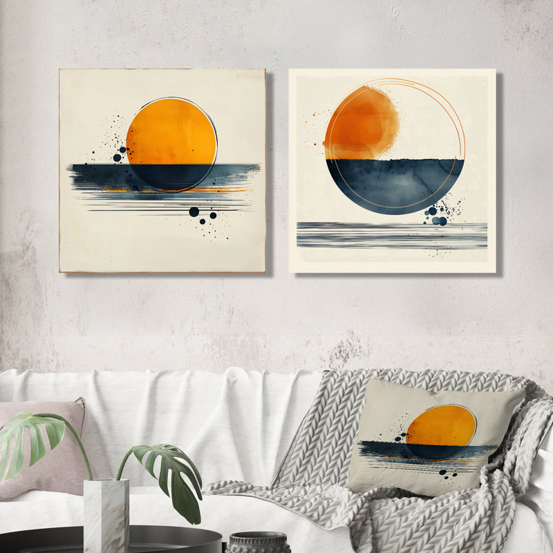 Abstrait bleu et orange Sunrise Life I - formes murales abstraites - art mural moderne 2 pièces, H 16 po x l 33 po