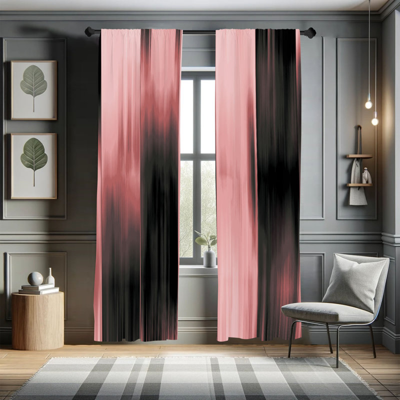 Microfiber Floral Semi-Sheer Rod Pocket Curtain Panels, 28" W x 84" L, Black/Pink