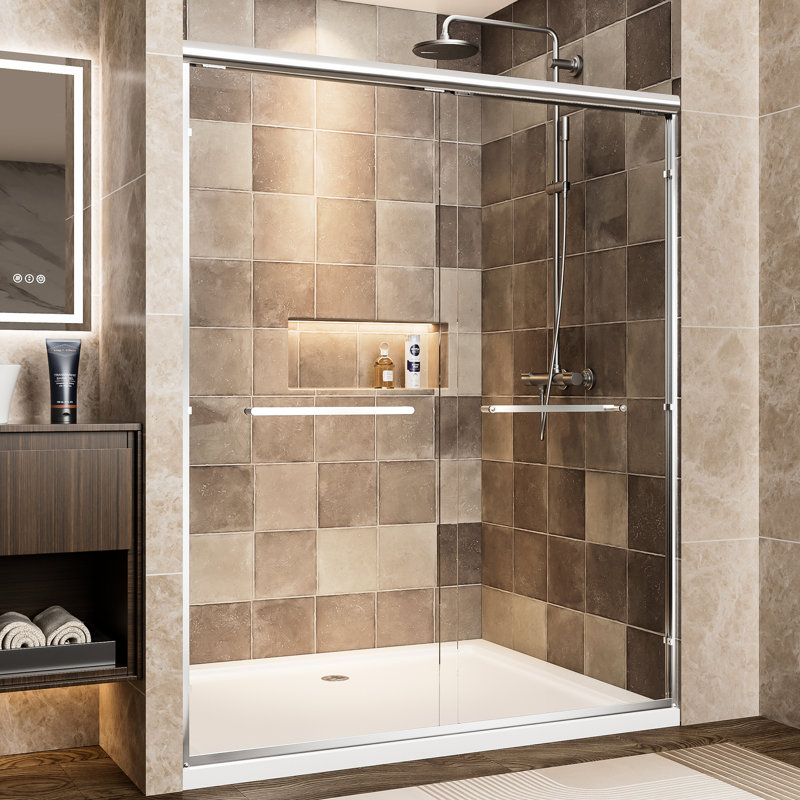 Aluminum Frame Double Sliding Shower Door, 60" Width, 72" Height, 1/4" (6mm) Tempered Glass With - Proof Film, Waterproof Design And Reversible, Bathroom Tall Door 6mm Clear Shatter Corrosion