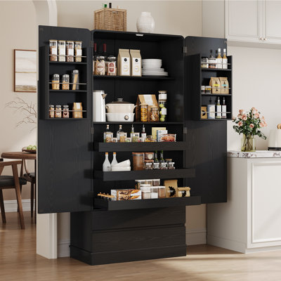71" Kitchen Pantry Cabinet with Arched Handcrafted Door, 3 Pull-Out Shelves & 1 Drawer, Pantry Storage Cabinet with 6 Door Shelf & Adjustable Shelf, Freestanding Cupboard for Kitchen, Dining Room