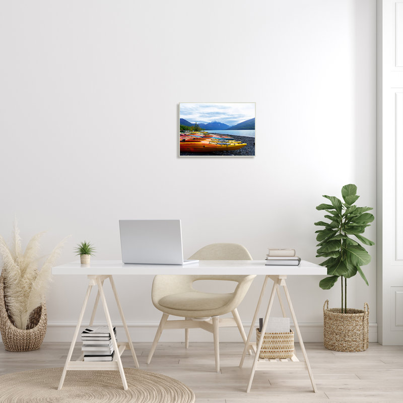 Rowof Kayaks Mountain Peak, paysage de lac - impression, H 13 po x l 19 po, Bois