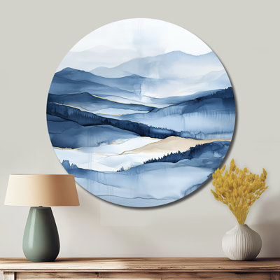 Blue Mountain Horizon, Watercolor Landscape - Mountains Round Metal Wall Art