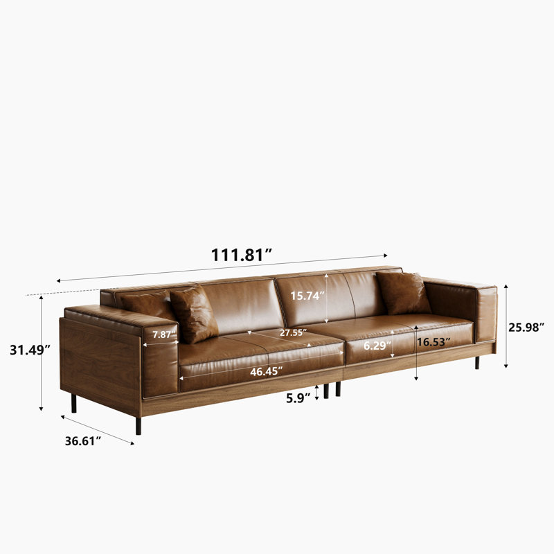 Canapé 111,81 po Mid-Century moderne en similicuir avec garniture en bois de noyer, canapé 4 places très profond avec 2 coussins, brun