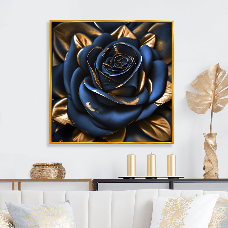 Gilded Rose In Kings Blue II - imprimé floral rose sur bois, H 16 po x l 16 po x P 1 po, Cadre flottant doré