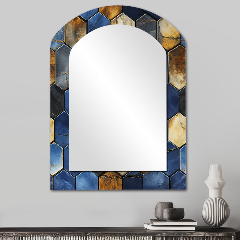 Gris et bleu Hexagone Symmetry - miroir mural arqué géométrique, miroir décoratif asymétrique moderne, impression d'art en métal