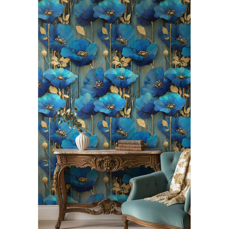 Floral Wallpaper Blue Removable Gold Wall Double Roll