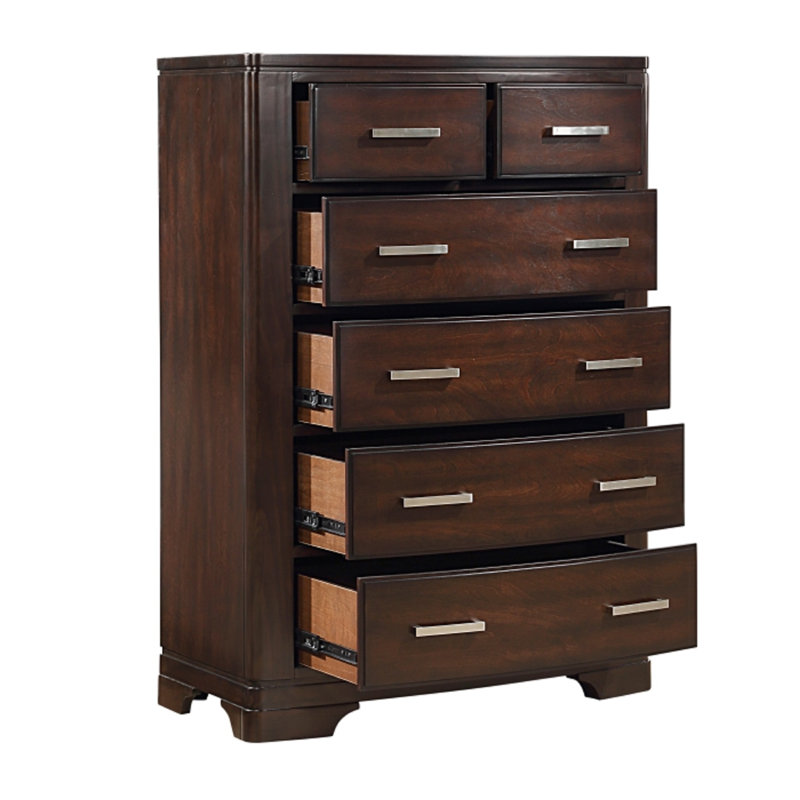 Commode haute Hudy, 6 tiroirs X poignées en métal, placage de bouleau, Brun cerisier
