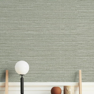Green Textured Grasscloth Peel and Stick Wallpaper 17" x 394" Neutral Faux Grassweave Wallpaper Waterproof Self Adhesive