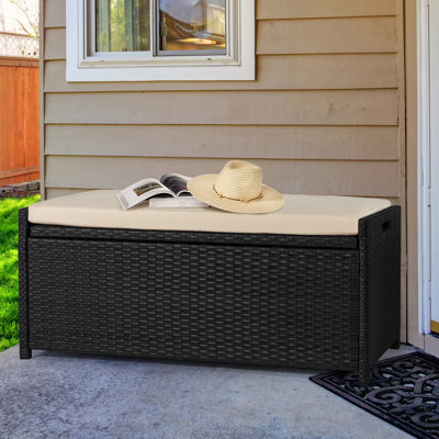 Banc de rangement d'extérieur en osier avec coussin Tabatha PE