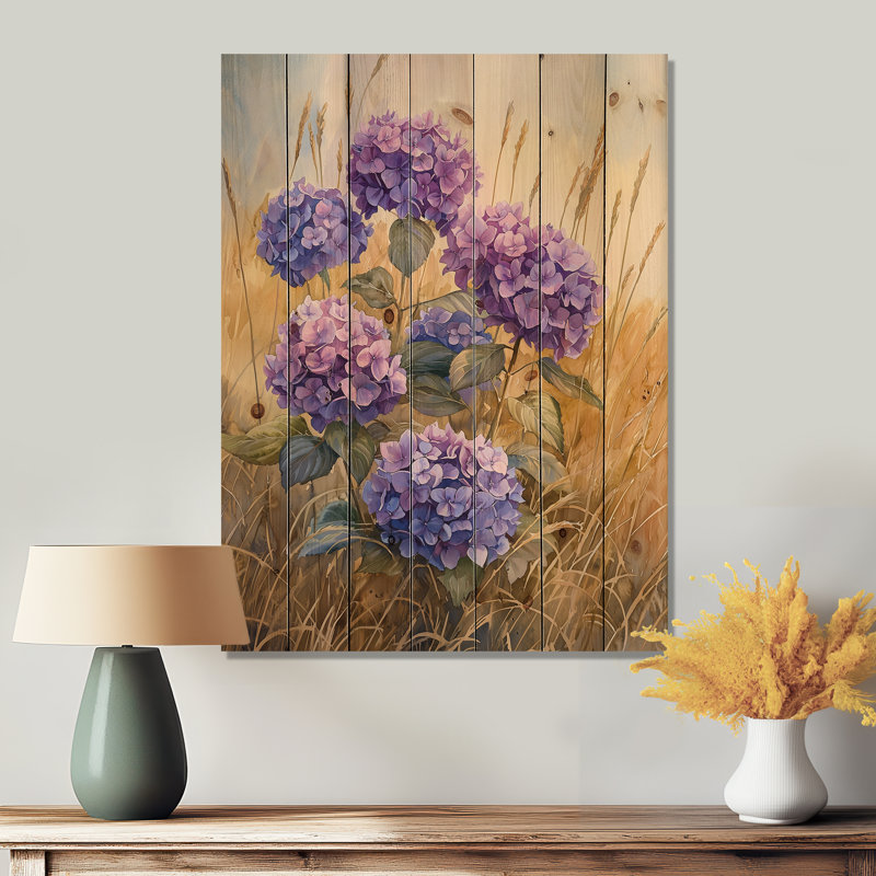 Hortensias dans un champ doré II - décoration murale en bois d'hortensias - sur bois de pin naturel