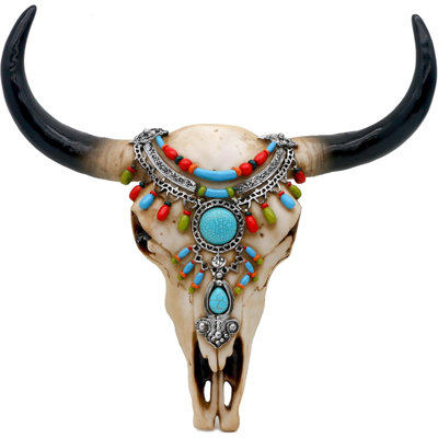Décoration murale crâne de vache du sud-ouest - tête de crâne de taureau tribal rustique avec pierre turquoise en résine 3D longue corne faux bison Steer Buffalo