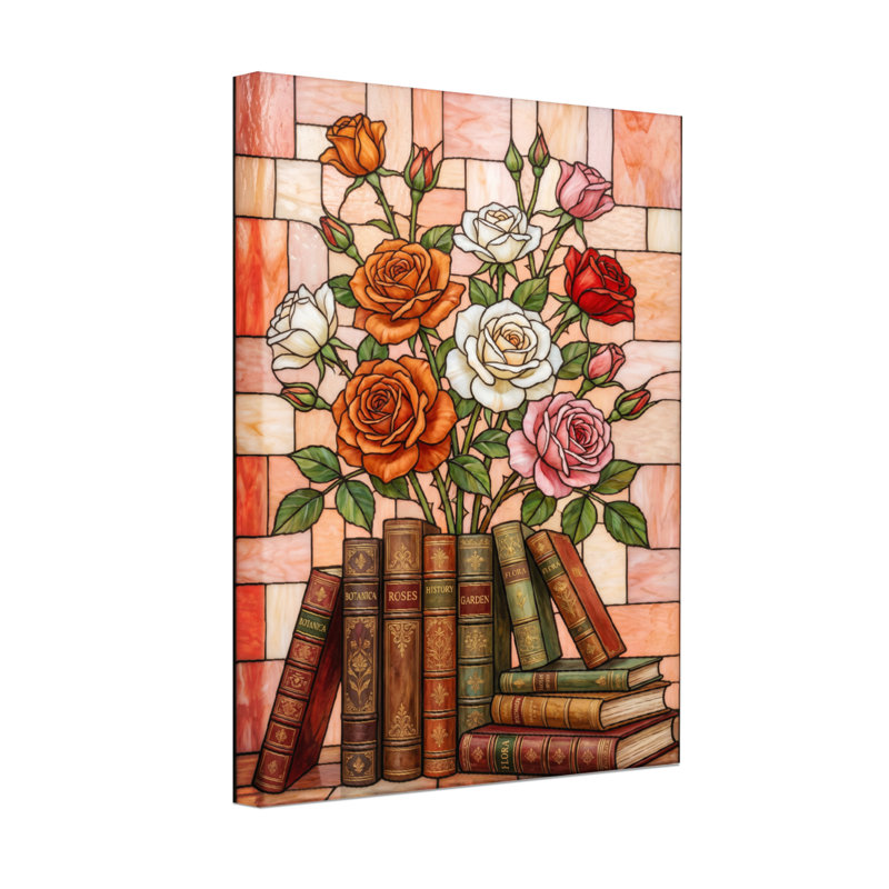 Plantes et fleurs, livres roses, motif rétro en verre coloré, H 18 po x l 12 po