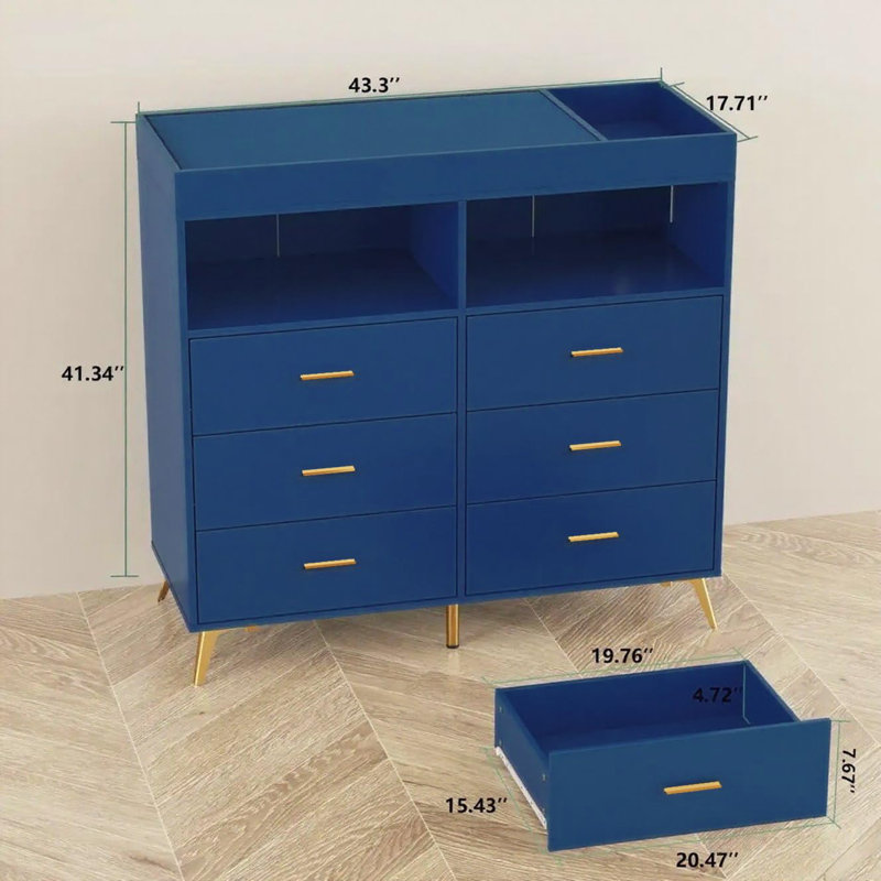 Commode à langer avec tiroirs, commode pour bébé avec plateau à langer, prise de courant, éclairage DEL et pieds en métal, station de changement de couches pour chambre de bébé