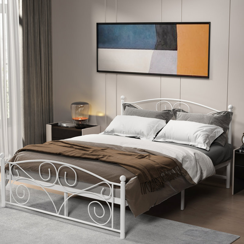 Lit double en métal au look moderne, structure pour la longévité, silencieux et stable, facile à assembler, sans sommier tapissier, pour matelas de 8 pouces ou plus, limite de poids de 600 lb, blanc