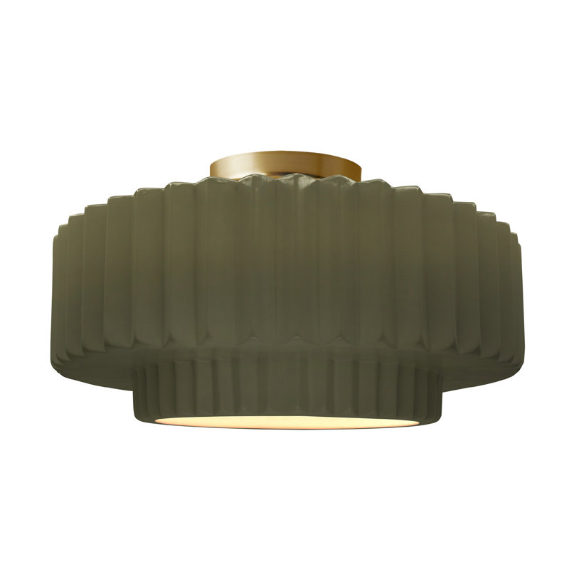 Radiance Ceramic Pleated Semi-Flush Mount, 8" H x 16.5" W x 16.5" D, Matte Green, Brushed Brass