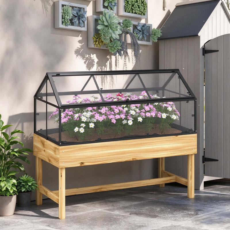 60 x 120cm Raised Garden Bed with Wooden Base, Elevated Planter for Vegetables and Flowers, Natural Wood Finish