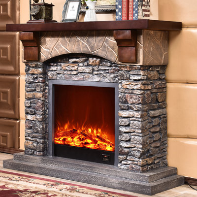 Grey + Brown Manufactured Wood Electric Fireplace