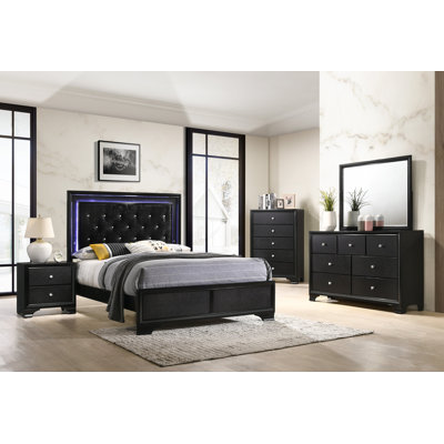 Thia Black LED Upholstered Panel Bedroom Set Special Twin 6 Piece: Bed, Dresser, Mirror, 2 Nightstands, Chest -  Red Barrel Studio®, 53873EA479FB4AA8B8A943AC0D7F2182