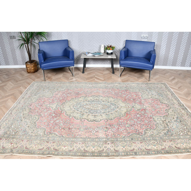 Grand tapis rétro de style Oushak en rouge et vert pour un décor de salon traditionnel tissé à la main