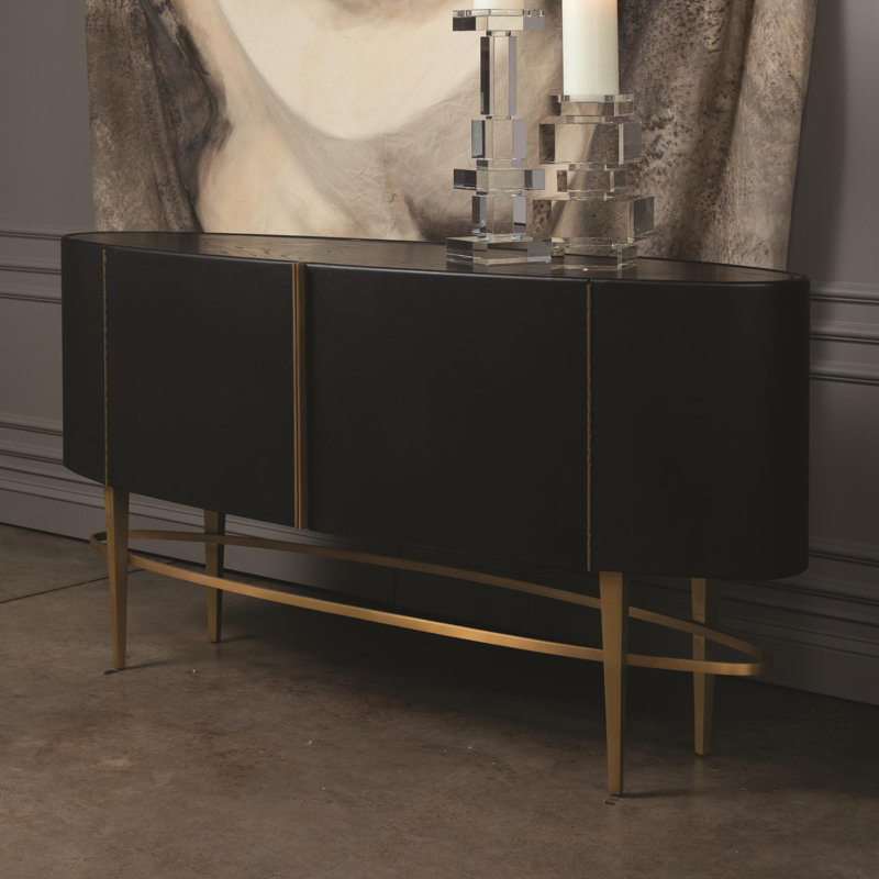 Ebony Black Cowhide and Oak Sideboard with Brushed Brass Legs