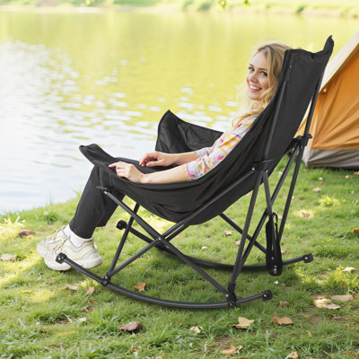 Chaise berçante de camping, chaise berçante pliante portative, fauteuil inclinable robuste avec porte-gobelet et poche, supporte 225 lb, chaises de camping entièrement rembourrées pour le patio extérieur