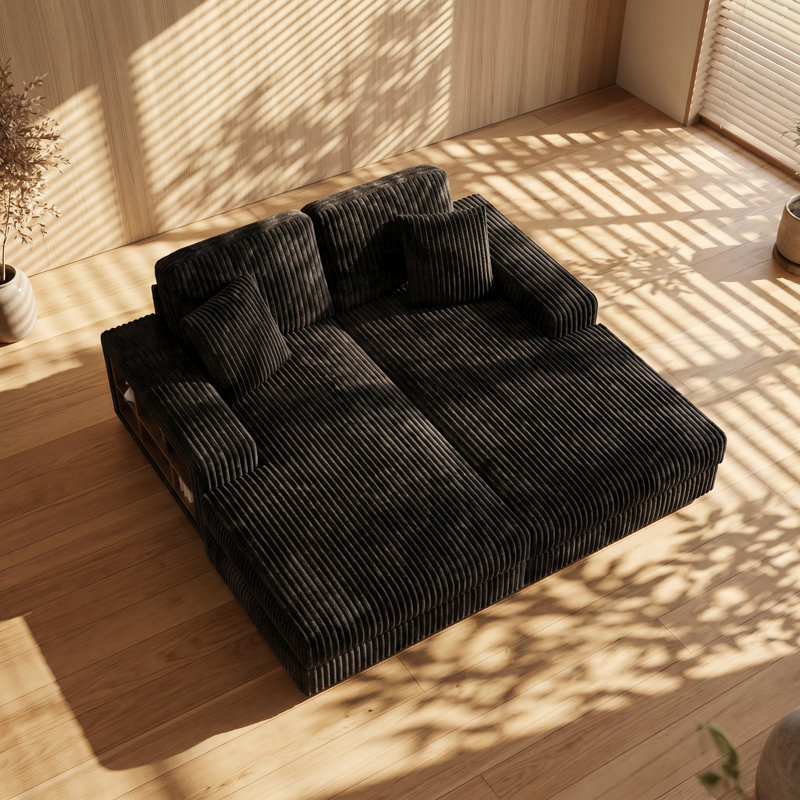 Sarkozy 79.53" W x 61.42" D x 33.46" H Solid Wood Corduroy Modular Sleeper Sectional Sofa