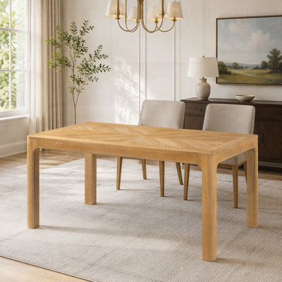 Table de salle à manger rectangulaire avec dessus de style parquet, coins arrondis, pieds incurvés et pieds ajustables pour les intérieurs modernes