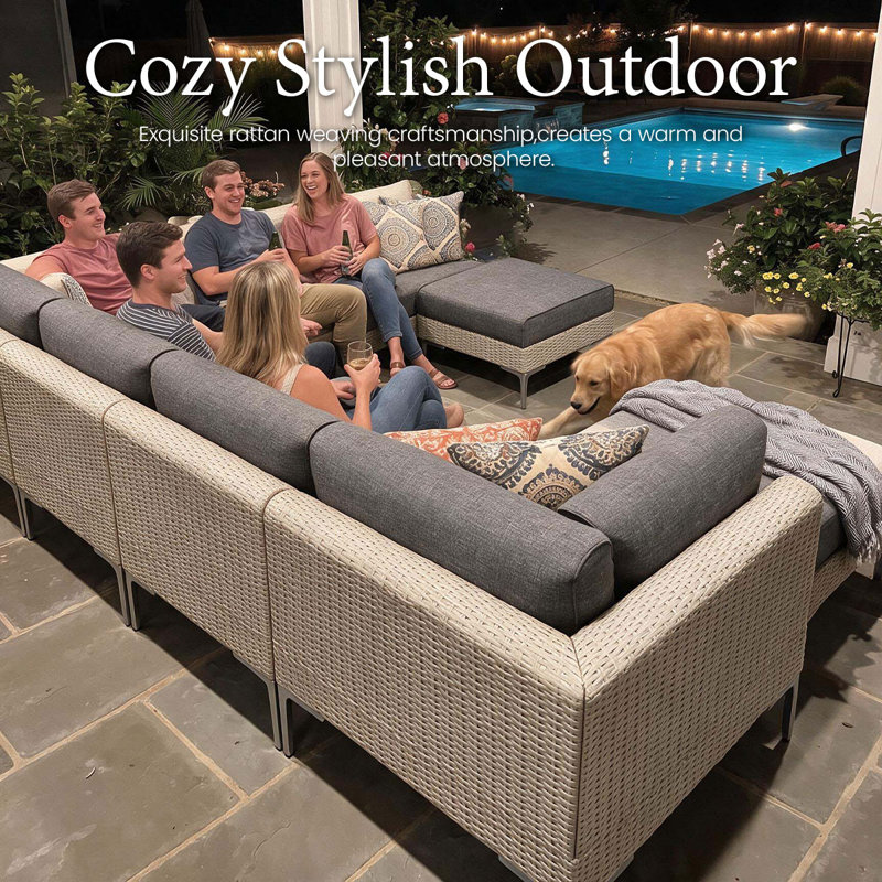  7-piece Wicker Rattan Patio Furniture Set, Deep Seating Outdoor Modular Sectional Sofa Conversation Set With Thick Cushions For Lawn, Garden