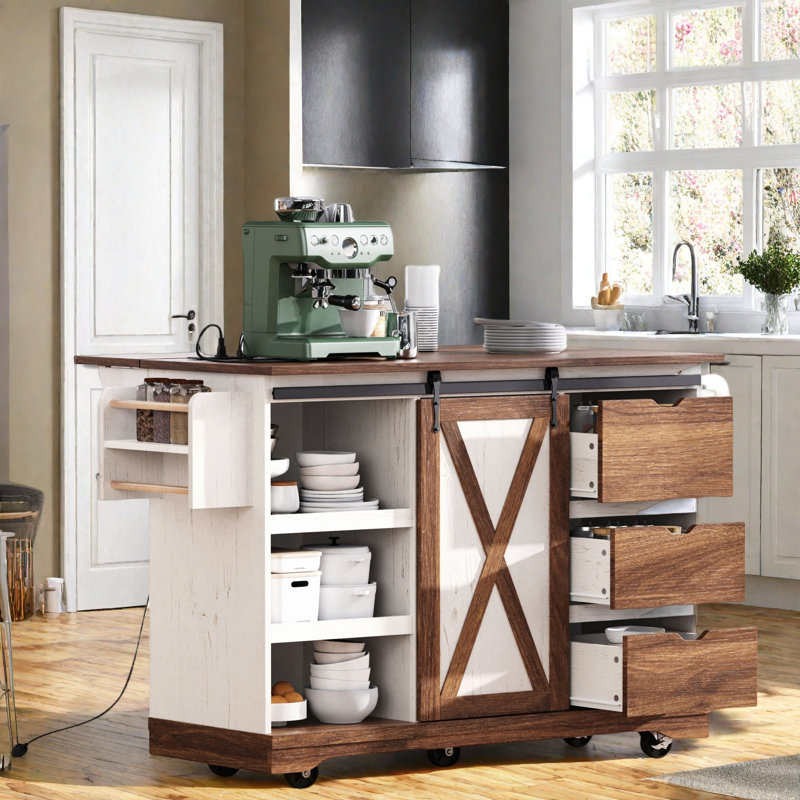 55.5" Wide Kitchen Island With Extendable Tabletop, Brown/White