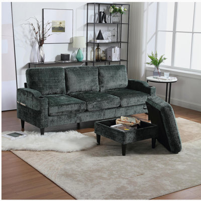 Canapé pour trois personnes, structure en bois massif, tissu chenille, poche latérale, avec deux porte-gobelets, repose-pieds avec rangement et canapé / canapé de salon