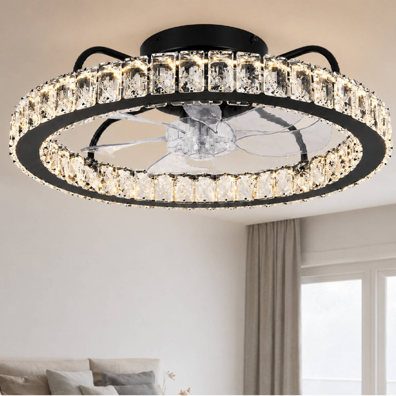 50cm Dimmable Crystal Ceiling Fan with LED Light and Remote Control and APP, Black