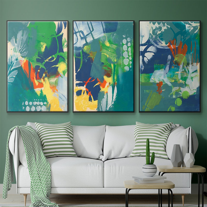 Ensemble de 3 graphiques tropicaux encadrés sur toile I, Noir, H 40 po x l 78 po