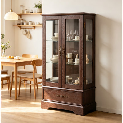 Vitrine lumineuse avec portes en verre, tablettes réglables en verre, vitrine à 2 portes avec tiroir et éclairage à DEL intégré pour le salon