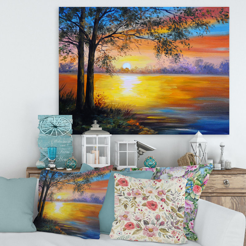 Arbre du soir près du lac - Peinture sur toile, H 30 po x l 40 po x 1,5 po, Toile tendue